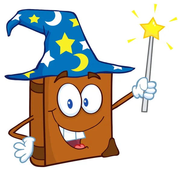 Zauberer Buch Cartoon-Figur mit Zauberstab — Stockfoto