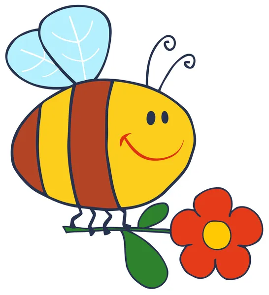 Счастливая пчела летит с цветочком в небе — стоковое фото