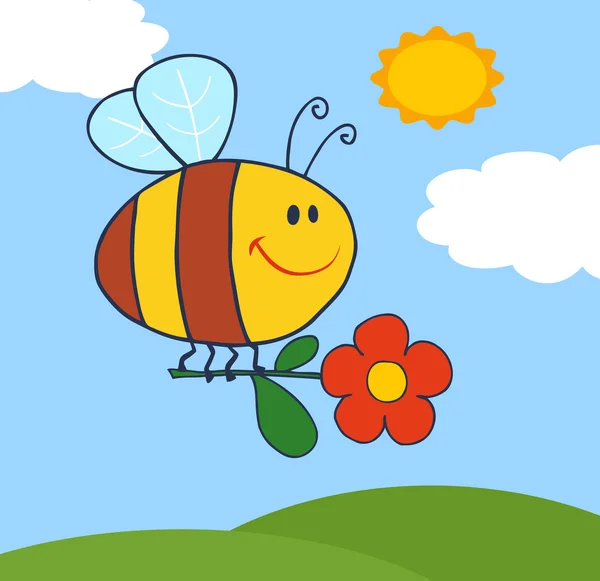 Glückliche Biene fliegt mit Blume am Himmel — Stockfoto