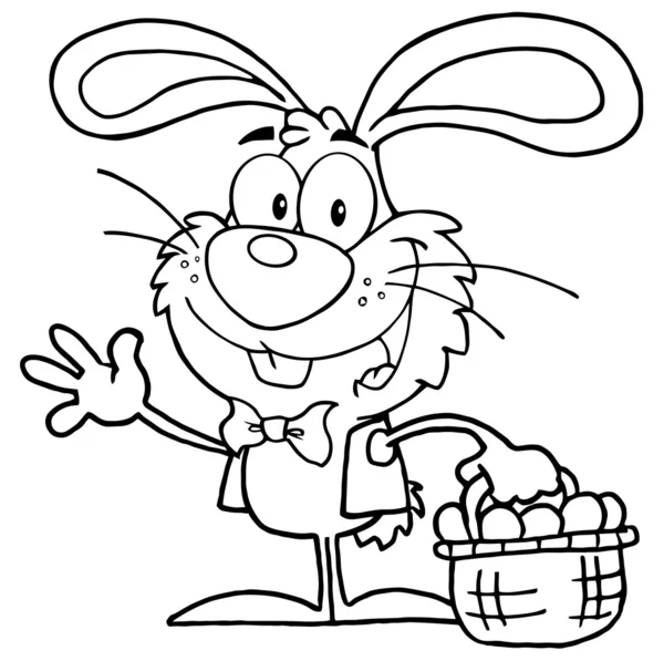 Outlined Waving Bunny With Easter Eggs And Basket — Stock Photo, Image