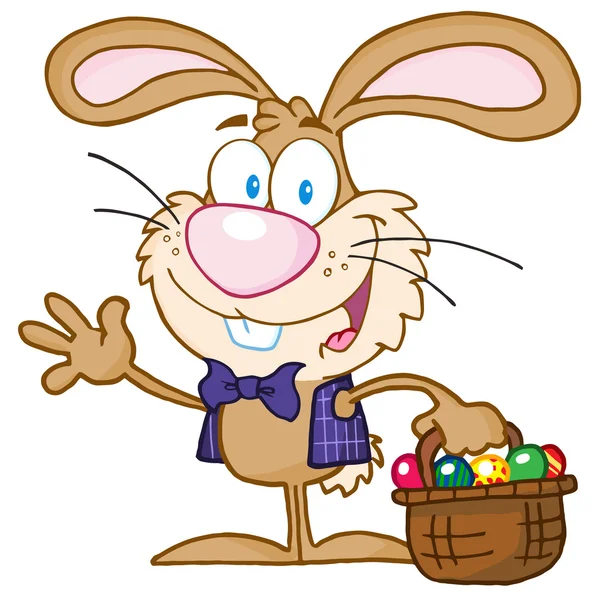 Waving Bunny With Easter Eggs And Basket — Stock Photo, Image