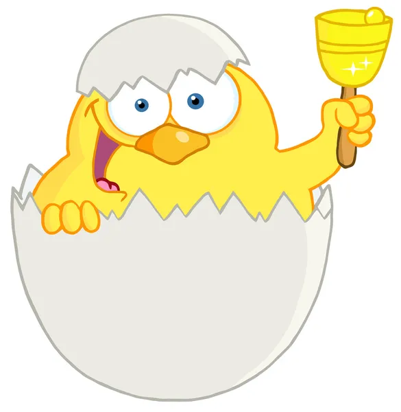 Amarillo Pascua chick en un Shell sonando un campana — Foto de Stock