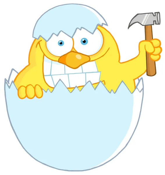 Sárga Húsvét Chick gazdaság egy kalapács, héjában — Stock Fotó