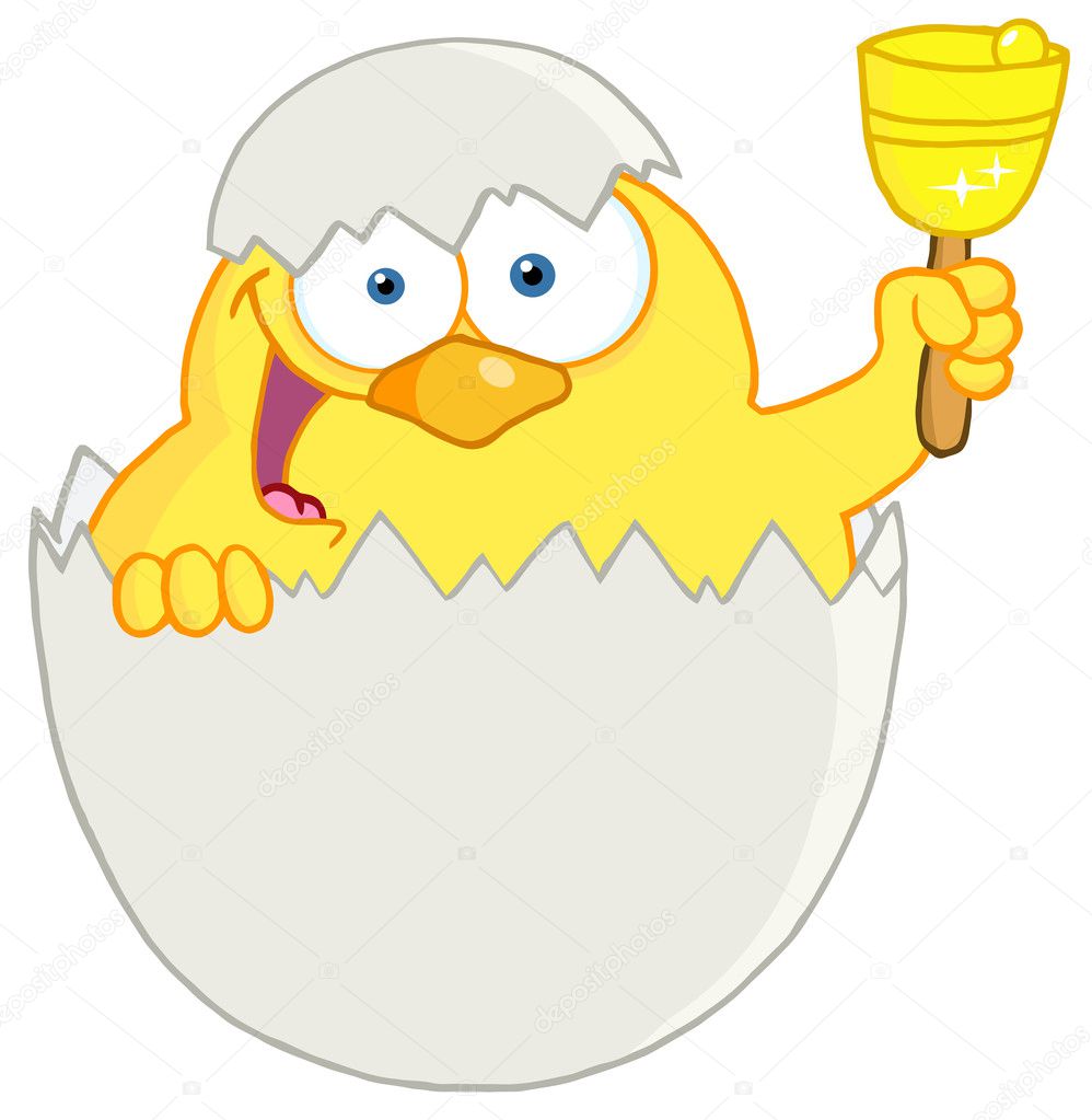 Yellow Easter Chick In A Shell Ringing A Bell