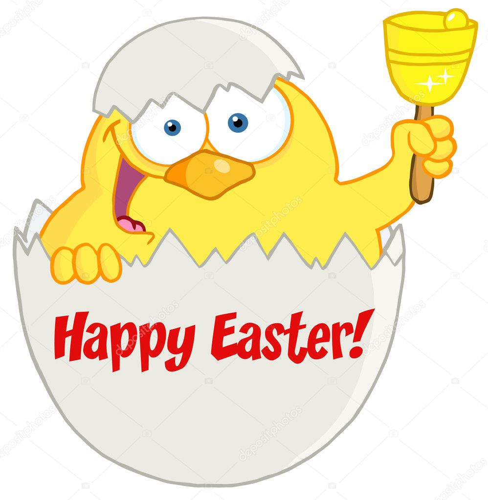 Happy Yellow Easter Chick In A Shell Ringing A Bell