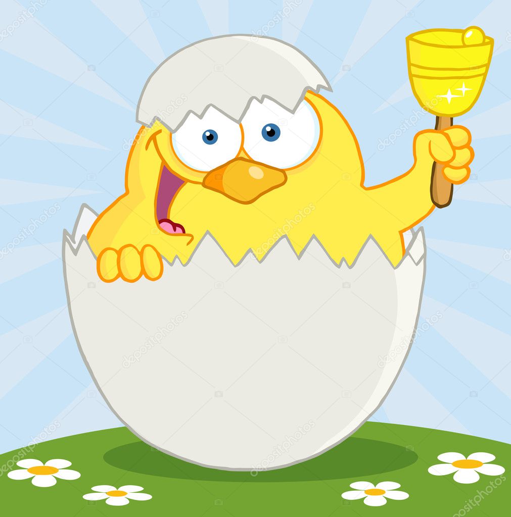 Yellow Easter Chick In A Shell Ringing A Bell On A Hill