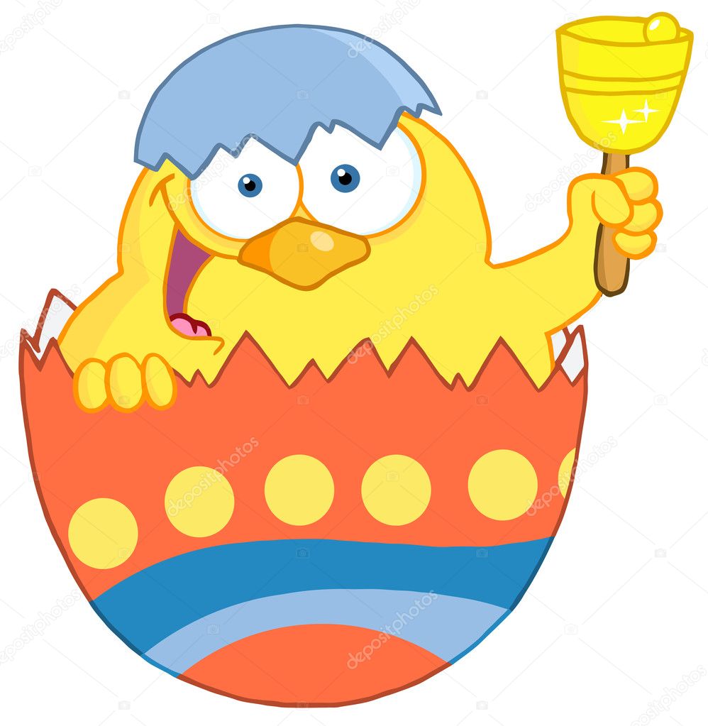 Happy Yellow Chick Peeking Out Of An Easter Egg And Ringing A Bell
