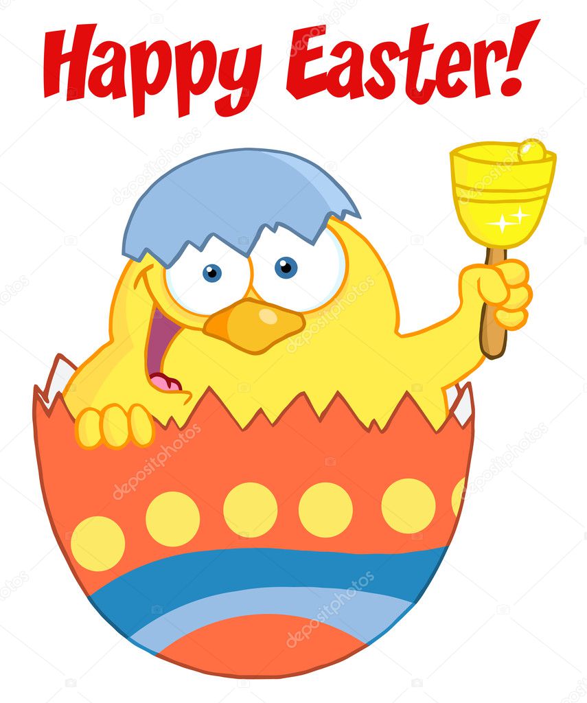 Happy Easter Chick In An Orange Shell Ringing A Bell