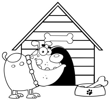 Outlined Bulldog With Bowl And Bone In Front Of His Dog House clipart