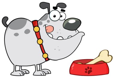 Gray Bulldog With A Bone In His Dish Bowl clipart