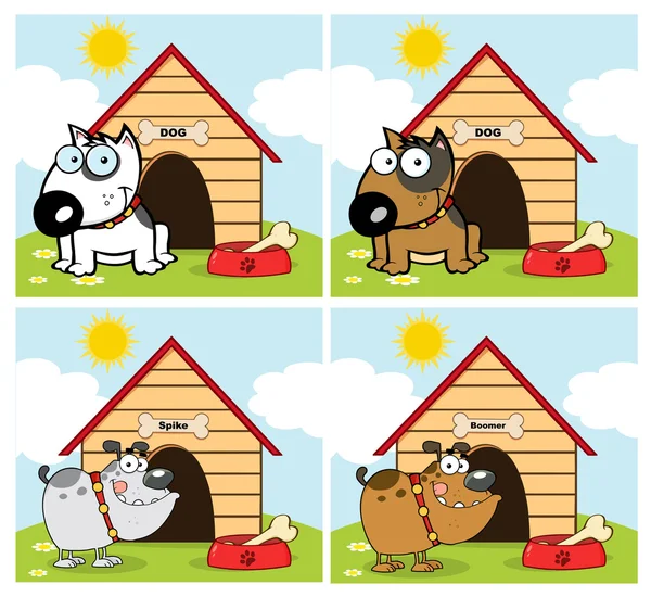 Dogs Different Breed In Front Of His Dog House. Collection - Stock-foto