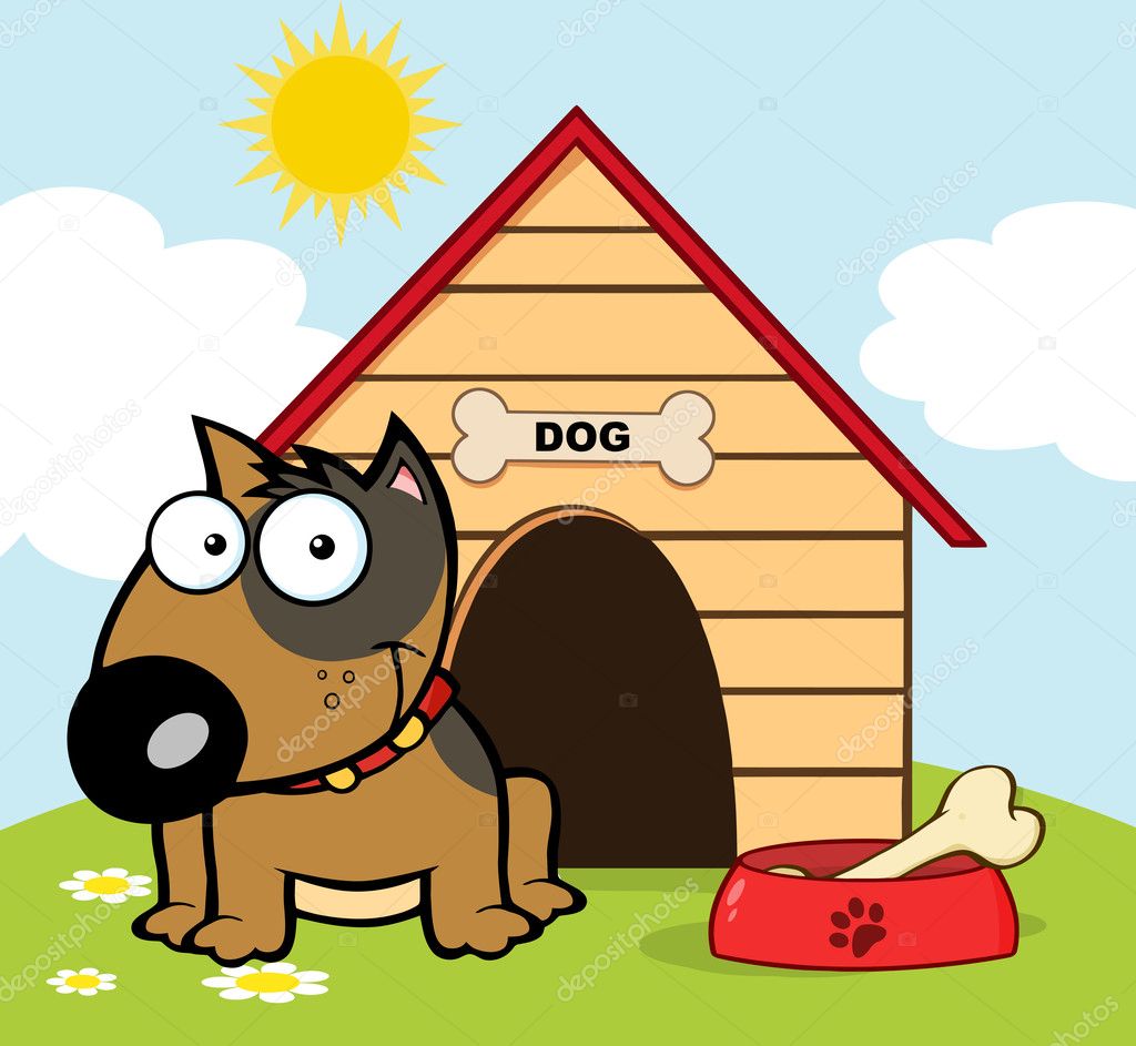 Smiling Brown Bull Terrier With A Bone In His Dish Outside His Dog House