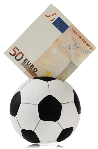 Femtio euro gå in fotboll pengar box — Stockfoto