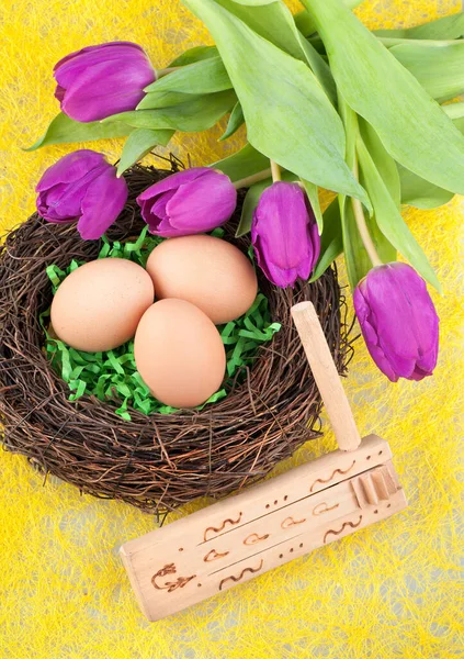 Huevos y tulipanes —  Fotos de Stock