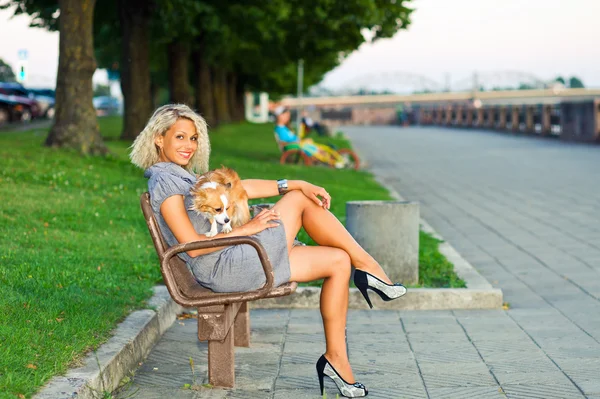 金髪の女性と公園でチワワ. — ストック写真