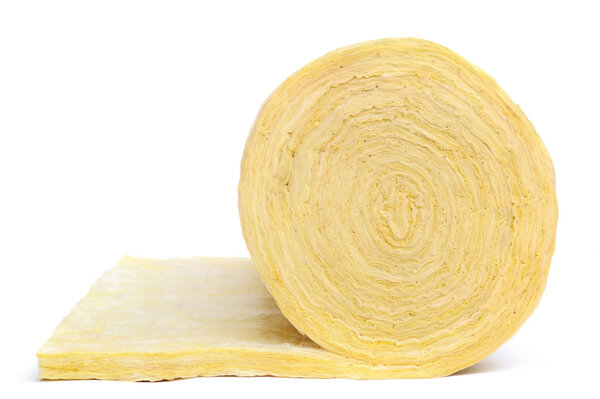 Roll of fiberglass insulation material, isolated on white background.