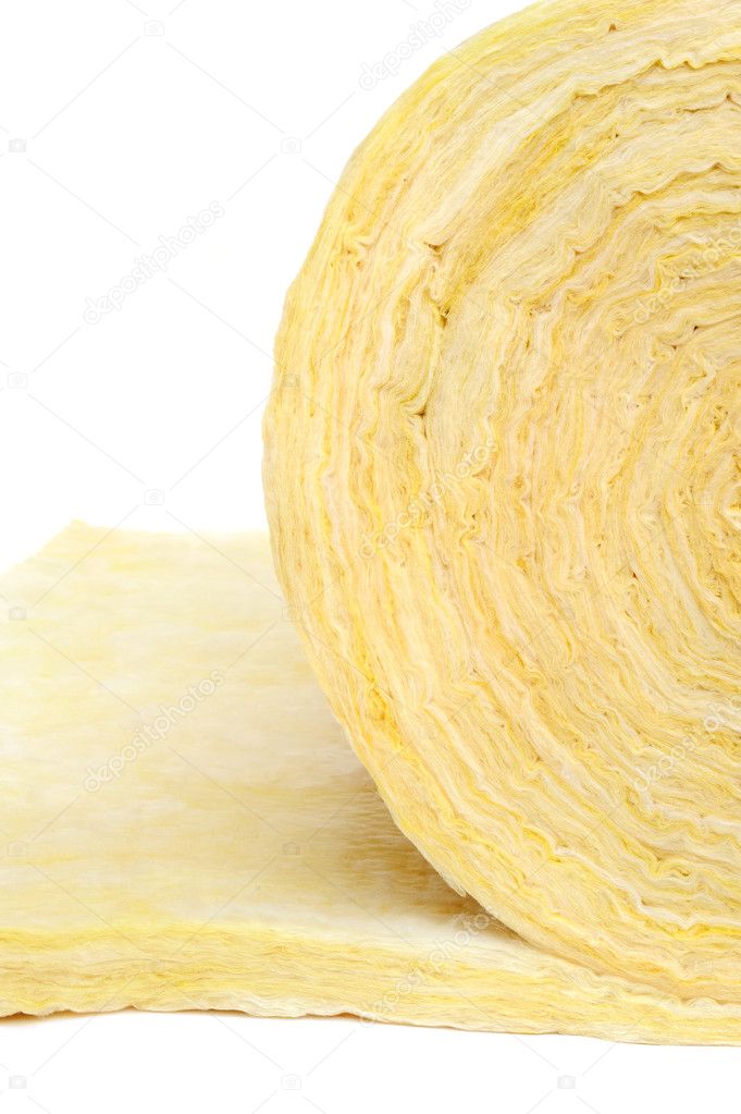 Roll of fiberglass insulation material, isolated on white background.