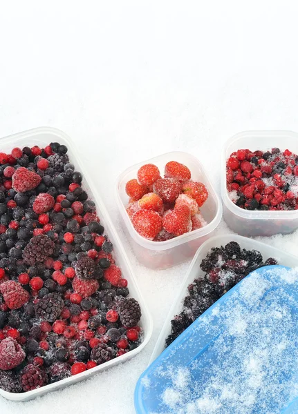 Plastbehållare för frysta blandade bär i snö - röda vinbär, tranbär — Stockfoto