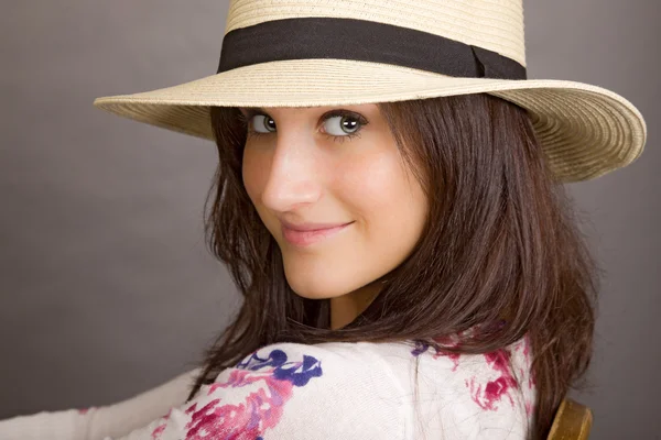 Femme avec chapeau blanc Photo De Stock