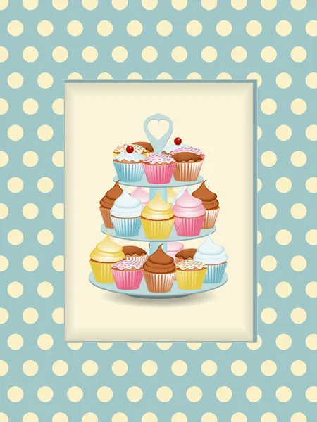 Cupcake stand and polka dot background — Stock Vector