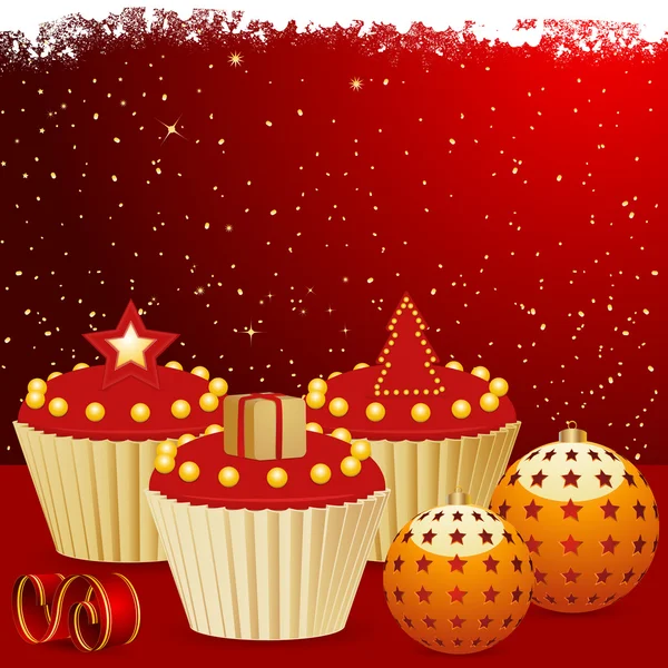 Red and gold Christmas cupcake background — Stok Vektör