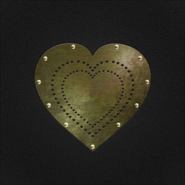 Geborsteld metalen liefde hart op zwart leer — Stockfoto