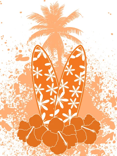 Surfboards hibscus flowers and palm tree — Stock Vector