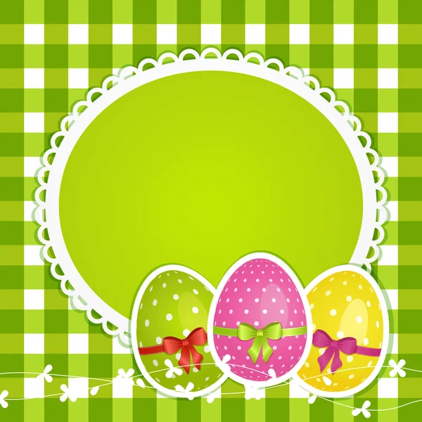Ovos de Páscoa e borda em gingham verde — Vetor de Stock