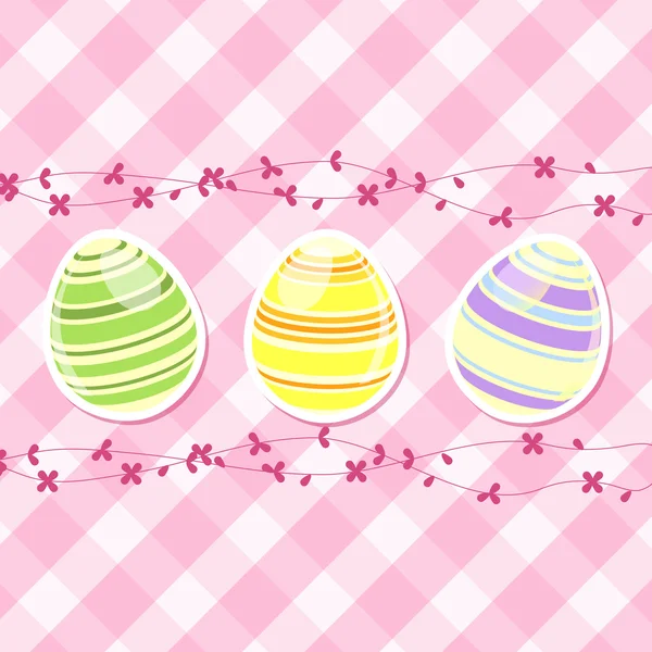 Huevo de Pascua y flores de primavera en gingham rosa — Vector de stock
