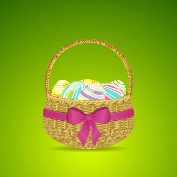 Великодній кошик та яйця на зеленому фоні — стоковий вектор