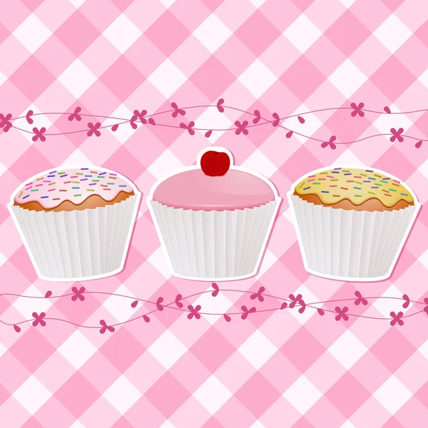 Cupcakes a rózsaszín tarkán szőtt pamutszövet — Stock Vector