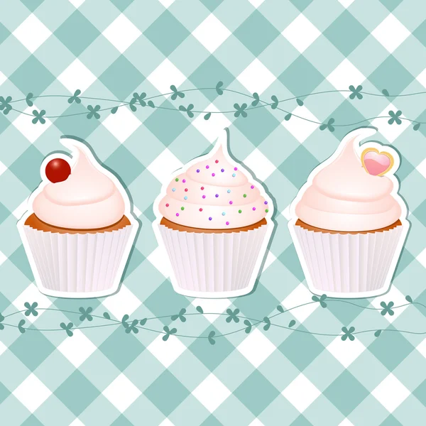 Cupcakes on blue gingham — Stock Vector