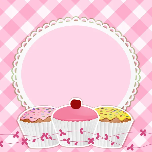 Cupcakes and border on pink gingham — Stock Vector