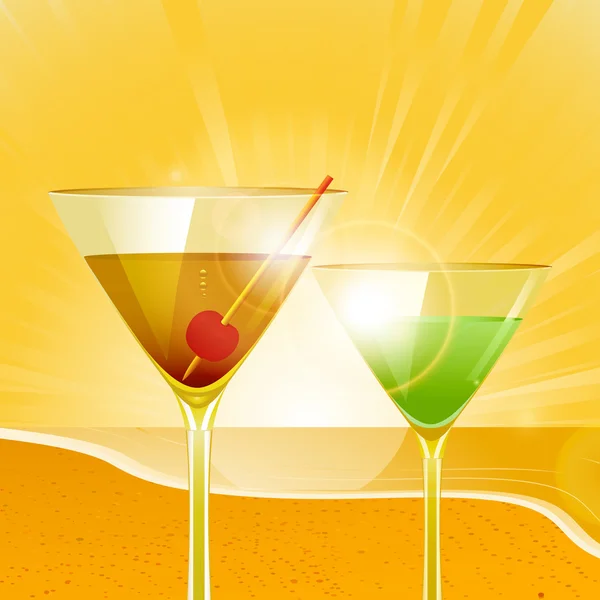 Tropische zonsondergang en cocktails — Stockvector