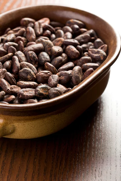 Frijoles de cacao en tazón — Foto de Stock