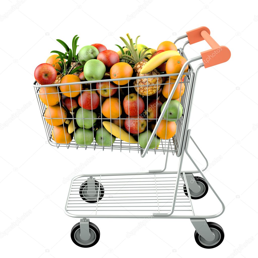 Fruits in a shopping cart.