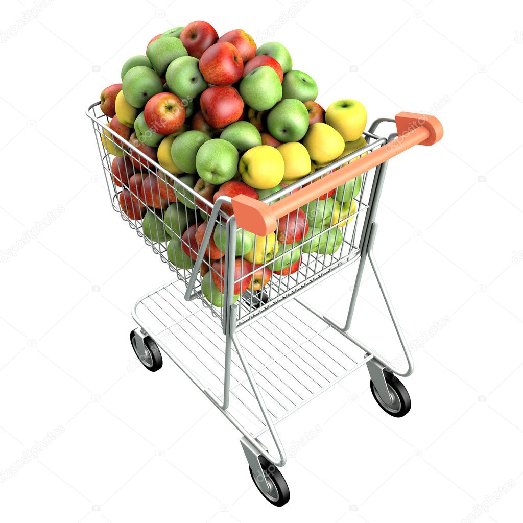 Apples in a shopping cart.