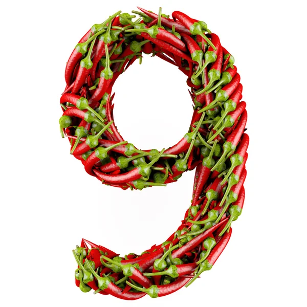 Number 9 made from red pepper. — Stock Photo, Image