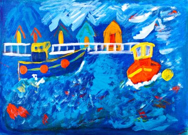 Tug boats at sea acrylic painting by Kay Gale clipart