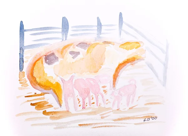 猪与仔猪水颜色由凯大风 — 图库照片