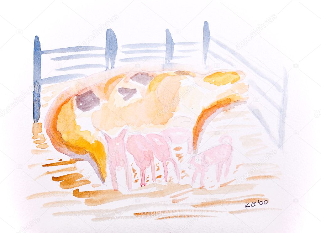Pig with piglets water colour by Kay Gale