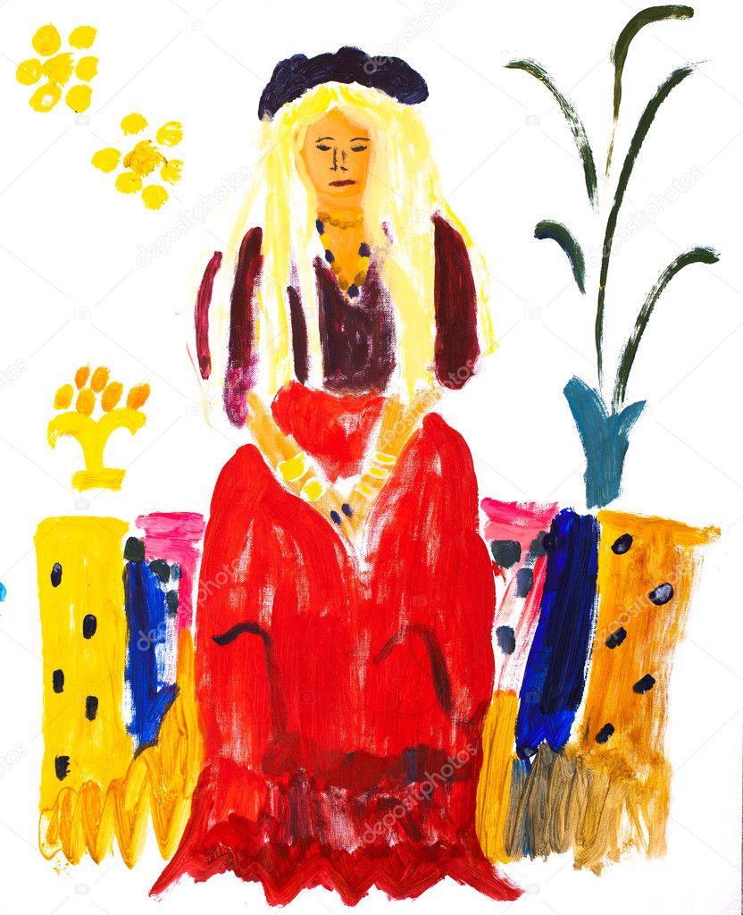 Blond lady sitting in a red dress - painting