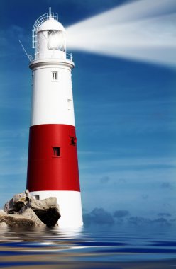 Lighthouse at sea with lightbeam clipart