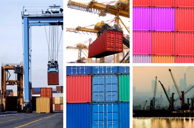 Collage of industrial cranes for cargo containers clipart