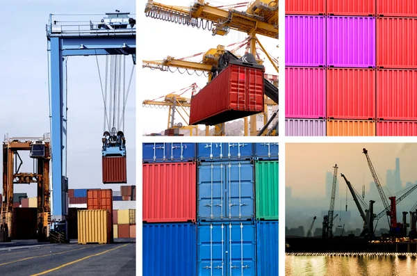 Collage van industriële kranen voor cargo containers — Stockfoto