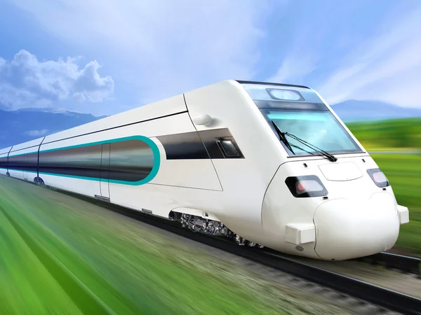 Comboio super simplificado no caminho de ferro — Fotografia de Stock