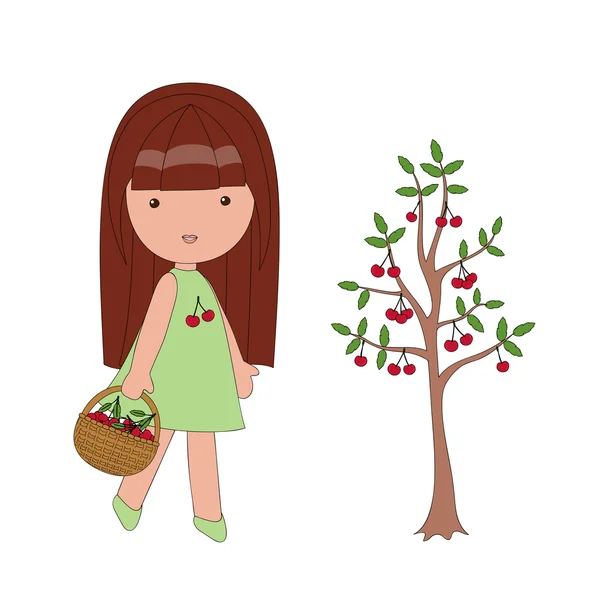 Menina colhendo cerejas —  Vetores de Stock