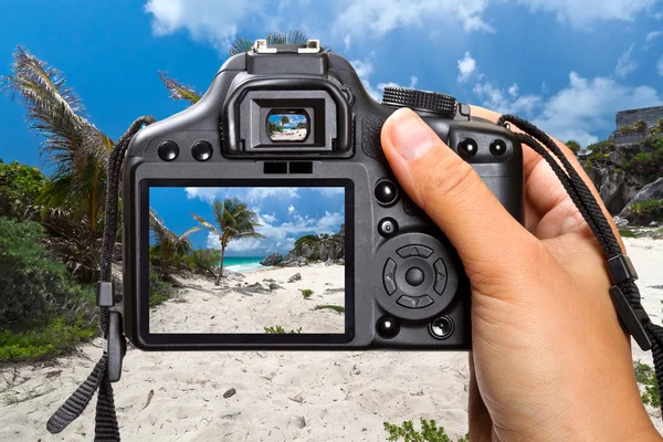 Fotoaparát v ruce na tropické dovolené — Stock fotografie