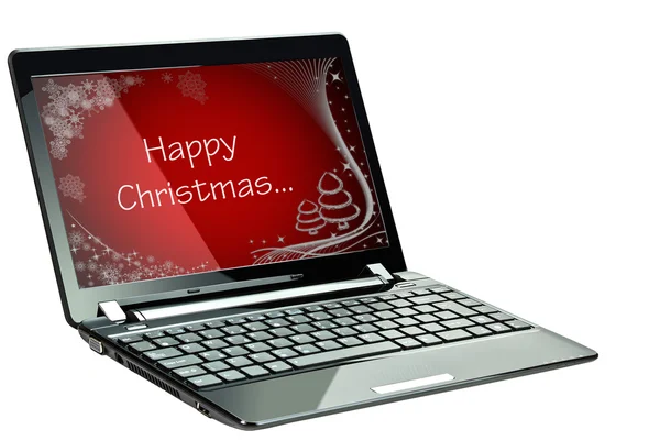 Laptop mit frohem Weihnachtsschild — Stockfoto