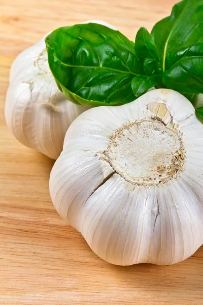 Garlic heads and basil — Stock Photo, Image